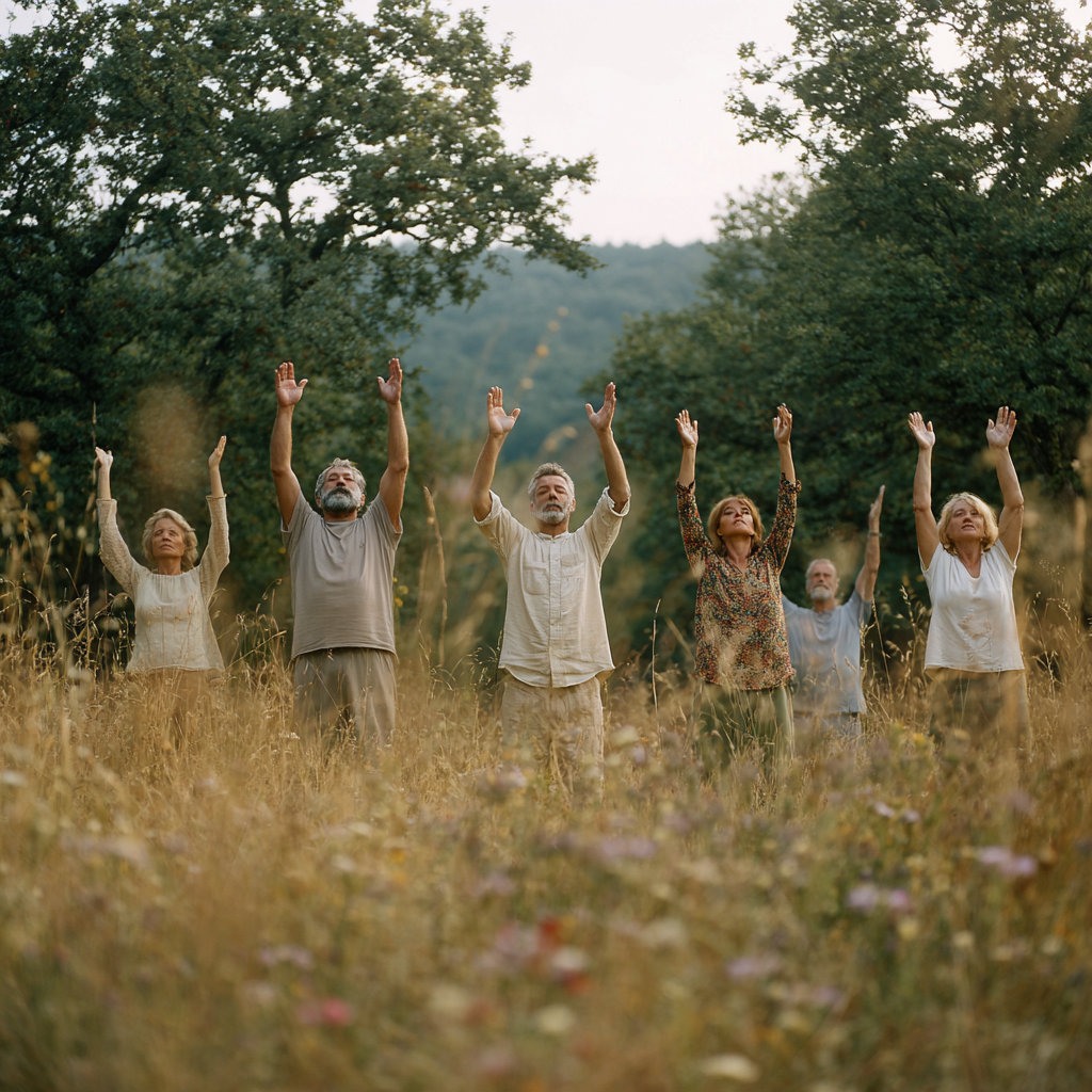 Smiling Slovak woman in her 40s practicing gentle yoga poses in a bright, natural setting with plants