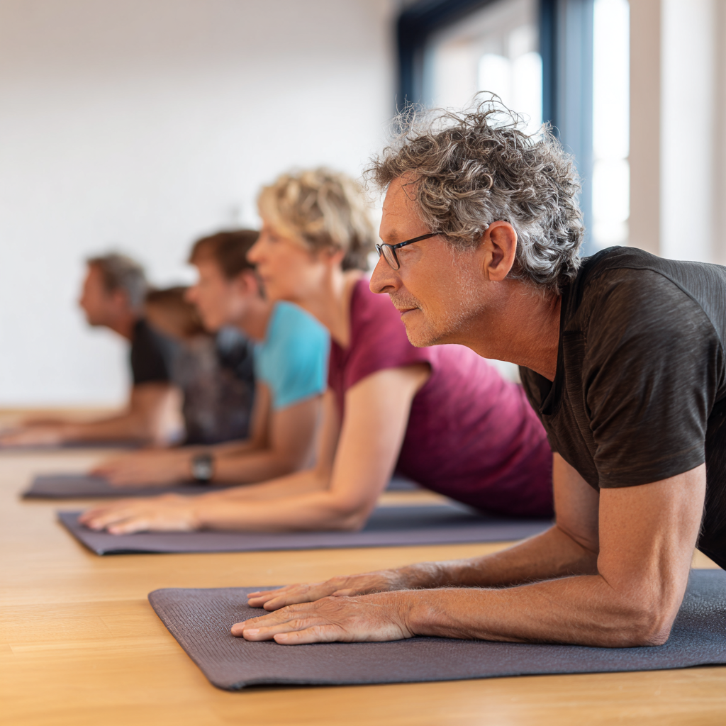 Slovak man in his 50s doing simple desk stretches with a peaceful expression